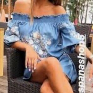 Zara Off The Shoulder Chambray Embroidery Dress size L